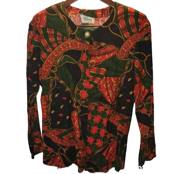 Vintage Ilyza New York Unique 80s 90s Red Green Gold Chain Print Button Up M - Picture 1 of 3